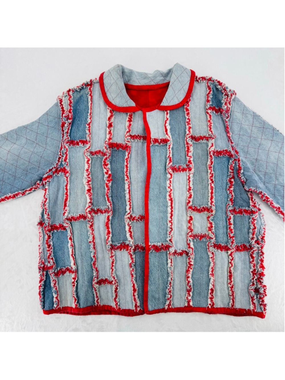 Vintage Heavy Denim Patchwork Jacket Red Lined Raw Fringe Seams Handmade READ - Picture 3 of 11